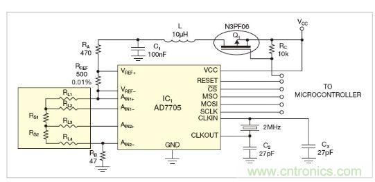 圖1：測(cè)量電路測(cè)三個(gè)點(diǎn)的值，微控制器就可以計(jì)算出傳感器值