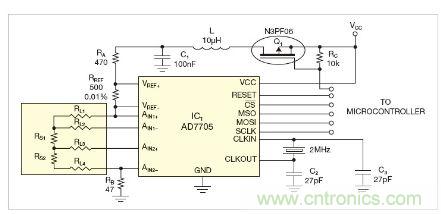 圖1：測量電路測三個點的值，微控制器就可以計算出傳感器值。