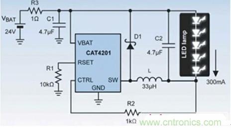 圖2:使用CAT4201驅(qū)動(dòng)5個(gè)1W的LED