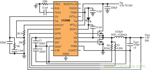 圖2：以非常低的DCR完成采樣的高效率、1.5V/30A降壓型轉(zhuǎn)換器