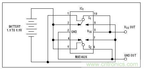該電路檢測(cè)電池極性，并迅速接通負(fù)載或切換電池極性