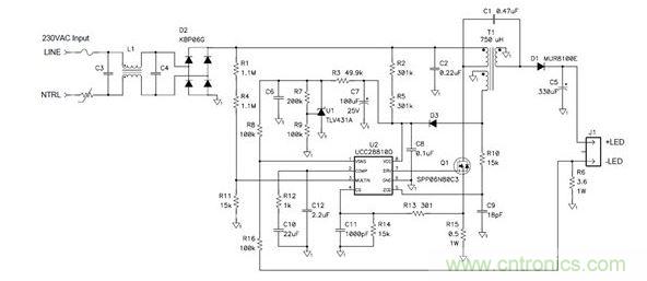 該拓?fù)洳粌H可提供良好功率因數(shù)，而且還符合EN61000-3-2C類標(biāo)準(zhǔn)