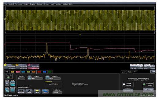 紅色曲線F2(中心)顯示了掃頻正弦波FFT中的每個頻率的峰值或最大值。曲線F1(底部)是沒有應(yīng)用最高或最大值的FFT。F2描述符盒子顯示了最高功能的設(shè)置