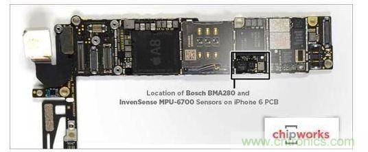 iPhone 6內(nèi)含1顆InvenSense的六軸陀螺儀-加速度計(jì)組合組件，以及1顆Bosch的三軸加速度計(jì)BMA280