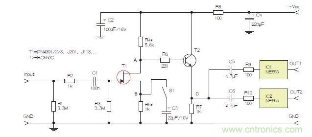 所示電路采用兩個工作在不同頻率下的555定時器，以獲取不同的音