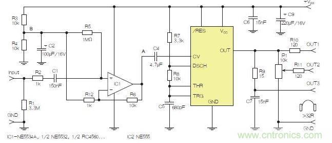 含運算放大器和NE555定時器的耳機和音頻線路驅(qū)動器。也可以使用CMOS版本(如LMC555)，但輸出電流較低。其優(yōu)點為工作頻率較高。