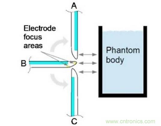 相對(duì)于假想體測(cè)試角的電極焦點(diǎn)區(qū)域。