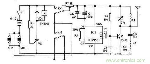 【導(dǎo)讀】隨著環(huán)保意識(shí)的增強(qiáng)，電動(dòng)車已大量進(jìn)入我們家庭，成為部分人必不可少的交通工具。如何防止電動(dòng)車被盜則是車主十分關(guān)心的問題，為此，出現(xiàn)了各類電動(dòng)車防盜鎖。除此之外呢？還有什么好的方法防盜呢？我們?yōu)榇蠹医榻B一款電動(dòng)車防盜報(bào)警器電路圖。  各類電動(dòng)車防盜鎖大量涌出，但是，電動(dòng)車被盜現(xiàn)象仍層出不窮，較高級(jí)的電動(dòng)車防盜鎖在短時(shí)間內(nèi)難以破壞，盜賊便將電動(dòng)車搬上其它車輛上盜走，這樣，再高級(jí)的防盜鎖也顯得無能為力了。鑒于此，我們?yōu)榇蠹医榻B一款電動(dòng)車防盜報(bào)警器電路圖。 1 報(bào)警器發(fā)射機(jī)部分是由繼電器K和可控硅VS用來控制發(fā)射機(jī)電路的電源。IC1組成警聲信號(hào)電路。晶體管V及其外圍元件組成射頻振蕩電路，發(fā)射報(bào)警信號(hào)。  在等待狀態(tài)時(shí)，開關(guān)S1接通，而SB1斷開（即車頭鎖被鎖?。?，K就處在釋放狀態(tài)，報(bào)警發(fā)射機(jī)不工作。當(dāng)車頭鎖被打開時(shí)（即SB1接通），VS被觸發(fā)導(dǎo)通，K吸合，接通發(fā)射機(jī)電源。SB1接通后，K-2的常開點(diǎn)將其自鎖，此時(shí)只有斷開S1報(bào)警方能結(jié)束。在K動(dòng)作時(shí)，其常閉觸點(diǎn)K-l斷開，切斷發(fā)動(dòng)機(jī)點(diǎn)火電路。  接收機(jī)電路由TDA7010和開關(guān)功放TWH8778、TWH68組成。當(dāng)IC2 收到報(bào)警信號(hào)時(shí)其互腳的高電平通過IC3經(jīng)IC4放大由TWH15放出報(bào)警聲。但要考慮到頻率的穩(wěn)定性，因?yàn)?010自身沒有頻率穩(wěn)定電路，在工作時(shí)要多作檢測，最好用印制板和貼片元件。  按上述操作方法停放車輛后，報(bào)警器即進(jìn)入待報(bào)警狀態(tài)。在待報(bào)警期間，只要有人無論用什么方法打開車頭鎖或搬移車輛，都將觸發(fā)報(bào)警器報(bào)警不停，并切斷發(fā)動(dòng)機(jī)電源使車輛無法起動(dòng)，直至車主人趕來將點(diǎn)火鑰匙插入點(diǎn)火鎖內(nèi)轉(zhuǎn)到關(guān)的位置，報(bào)警才能解除。