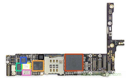 iPhone 6 Plus主板采用1GB RAM的蘋果A8 SoC作為核心部件。（來源：iFixit）