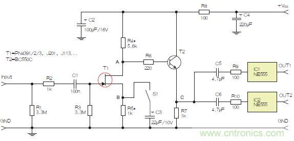 圖3：采用兩個工作在不同頻率下的555定時器電路，以獲取不同的音效。