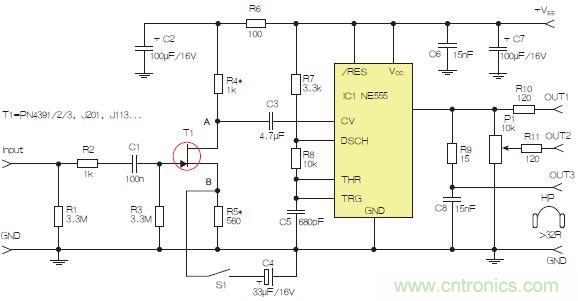 圖2：含JFET輸入和NE555的耳機/線路驅(qū)動器。