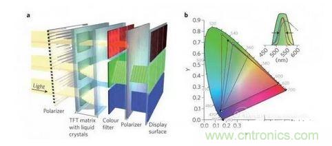  LCD顯示器示意圖。TFT表示薄膜晶體管（thin-film transistor）。