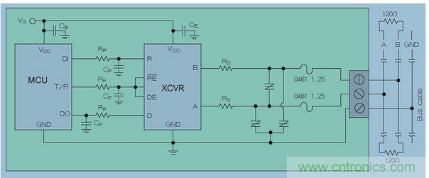 在高暴露環(huán)境中的RS-485總線的電路保護(hù)示意圖中，上圖類似“Z”字形的符號(hào)可代表多種過(guò)壓保護(hù)解決方案，包括Q2L系列SIDACtor保護(hù)晶閘管(圖7)。
