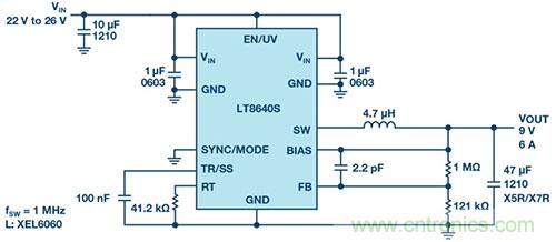 42 V、6 A（峰值7 A）、超低EMI輻射、高效率降壓型穩(wěn)壓器