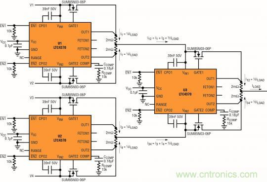 針對(duì)三個(gè)或四個(gè)電源的簡易平衡負(fù)載均分，即使電源電壓不等也絲毫不受影響