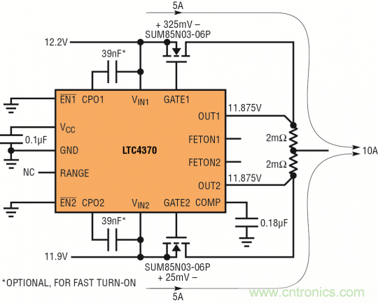 針對(duì)三個(gè)或四個(gè)電源的簡易平衡負(fù)載均分，即使電源電壓不等也絲毫不受影響