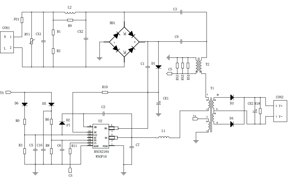一、LED驅(qū)動模塊RSC6218A REASUNOS(瑞森半導(dǎo)體)通過持續(xù)投入研發(fā)，提升LLC應(yīng)用技術(shù)，集成控制芯片與功率轉(zhuǎn)換，成功推出新一代產(chǎn)品RSC6218A WSOP-16，延續(xù)瑞森LLC拓?fù)浞桨福瑫r機趨勢完全迎合我國雙碳政策，電氣特性契合新版國標(biāo)GB/T 17625.1-2022和歐盟新版ERP認(rèn)證EU2019/2020雙重法規(guī)，專為中小功率的產(chǎn)品提供優(yōu)秀的方案；接下來會分幾個篇章持續(xù)介紹新方案產(chǎn)品的應(yīng)用資料和設(shè)計實例分享：  RSC6218A功率模塊內(nèi)部集成CS-CP-LLC電源半橋模塊和功率轉(zhuǎn)換模塊，延續(xù)瑞森主題設(shè)計方向單級實現(xiàn)高PF無頻閃技術(shù)和LLC諧振軟開關(guān)技術(shù)方案：該型號適用于5-18W功率段；具備高轉(zhuǎn)換效率(90%+)，高PF(>0.96)，低THD(<10%)，小型化(縮小PCB面積10-25%)，通過優(yōu)化產(chǎn)品內(nèi)部設(shè)計提升產(chǎn)品內(nèi)部功率器件的開啟與關(guān)閉性能，避免干擾發(fā)生，最高工作頻率達(dá)200KHZ，實現(xiàn)WSOP-16封裝兼顧散熱與小型化；并且內(nèi)部可自動設(shè)置死區(qū)時間，讓方案可靠易設(shè)計。 產(chǎn)品可廣泛應(yīng)用于： 1.護(hù)眼系列燈具：如教室燈、辦公燈、護(hù)眼臺燈、壁燈、閱覽室燈等； 2.家居類燈具：如客廳燈、臥室燈、兒童房燈、廚房燈、走廊燈等； 3.軌道類燈具：地鐵照明、高鐵照明、隧道照明、車站照明等； 4.商照類燈具：筒燈、射燈、投射燈、 亮化燈、防爆燈等； 方案起到提供高效，穩(wěn)定，長壽命的作用。 二、產(chǎn)品功能框架  三、IC各PIN腳功能說明  PIN1 PGND 功率地，內(nèi)部是連接低邊MOS的S端地線； PIN2  NC  PIN3  HS 半橋MOS低邊漏極PIN； PIN4  HS 半橋MOS低邊漏極PIN； PIN5  HS 半橋MOS高邊源極PIN； PIN6  HS 半橋MOS高邊源極PIN； PIN7  NC  PIN8  HO 半橋MO高邊漏極； PIN9  HO 半橋MOS高邊漏極； PIN10 HB 半橋驅(qū)動高邊電源，通過外置的一個二極管與電容組成自舉回路，為高邊 MOS 的開啟提供電平； PIN11 VIN 高壓啟動的輸入腳，最高耐壓可達(dá)DC600V，啟動電流在1.7mA，一般應(yīng)用是從高壓電解處串接一個1206100K電阻引到PIN1，在整個環(huán)路還未建立起來時，是靠這個引腳的供電通過內(nèi)部連接到PIN6VCC，然后把VCC電容慢慢充電到芯片的啟動電壓后，芯片開始工作。整個環(huán)路建立起來后，VIN腳內(nèi)部關(guān)斷，VCC 通過外部變壓器輔助繞組供電維持正常工作； PIN12  VCC 信號電源引腳， 工作電壓范圍 8-20V，工作電流在 0.8mA，靜態(tài)工作電流是 720uA； PIN13  NC DT懸空腳； PIN14 FB  電壓反饋輸入，VFB中心值是1.2V，該引腳的功能主要是限定空載電壓的最大幅度，該芯片空載保護(hù)屬于打嗝模式，可以有效降低空載損耗，能效要求輕松符合小于0.5W的要求； PIN15  CS 電流采樣正弦波信號輸入該PIN腳是通過線路中的互感電感采樣得到全波的正弦波信號， 通過電阻轉(zhuǎn)換為電壓信號后，輸入到CS PIN腳， 內(nèi)部連接到壓控振蕩器，根據(jù)輸入進(jìn)來的電壓幅值大小，以及正弦波的頻率，壓控振蕩器輸出對應(yīng)的方波來控制LG與HG端的MOS開關(guān)頻率，實現(xiàn)恒流調(diào)節(jié)控制； PIN16  AGND 信號地參考電平，主要連接 VCC，F(xiàn)B 對應(yīng) PIN 腳的元件地線。 四、關(guān)鍵PIN腳參數(shù)設(shè)定范圍  五、典型應(yīng)用原理圖  關(guān)注瑞森半導(dǎo)體公眾號，接下來持續(xù)分享具體案例的設(shè)計參考文檔，攜手各伙伴們實現(xiàn)新版國標(biāo)GB/T17625.1-2022的順利達(dá)標(biāo)，為工程師縮短開發(fā)周期，讓工廠端得到滿意的產(chǎn)品，給客戶一個滿意的答卷，得到需要的利潤空間。