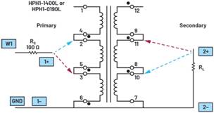   材料  ? ADALM2000主動學(xué)習(xí)模塊 ? 無焊試驗板和跳線套件 ? 一臺HPH1-1400L 6繞組變壓器 ? 一臺HPH1-0190L 6繞組變壓器 ? 兩個100 Ω電阻  說明  在無焊試驗板上構(gòu)建圖2所示的電路。需要使用此設(shè)置來測量初級/次級匝數(shù)比為1:1的三種不同配置下，兩個變壓器型號各自的頻率響應(yīng)。兩個紅色箭頭表示在初級和次級使用同一個線圈的配置中連接源電阻和負載電阻的位置。藍色箭頭對應(yīng)的是在初級和次級使用兩個串聯(lián)線圈的配置。綠色箭頭對應(yīng)的是在初級和次級使用三個串聯(lián)線圈的配置。